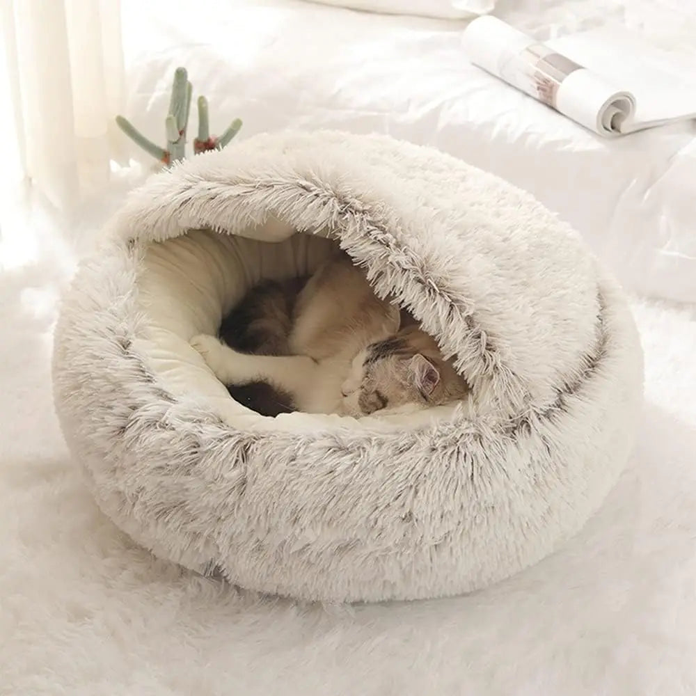 Soft Plush Pet Bed with Cover - Round Cat Bed & 2-in-1 Sleeping Nest