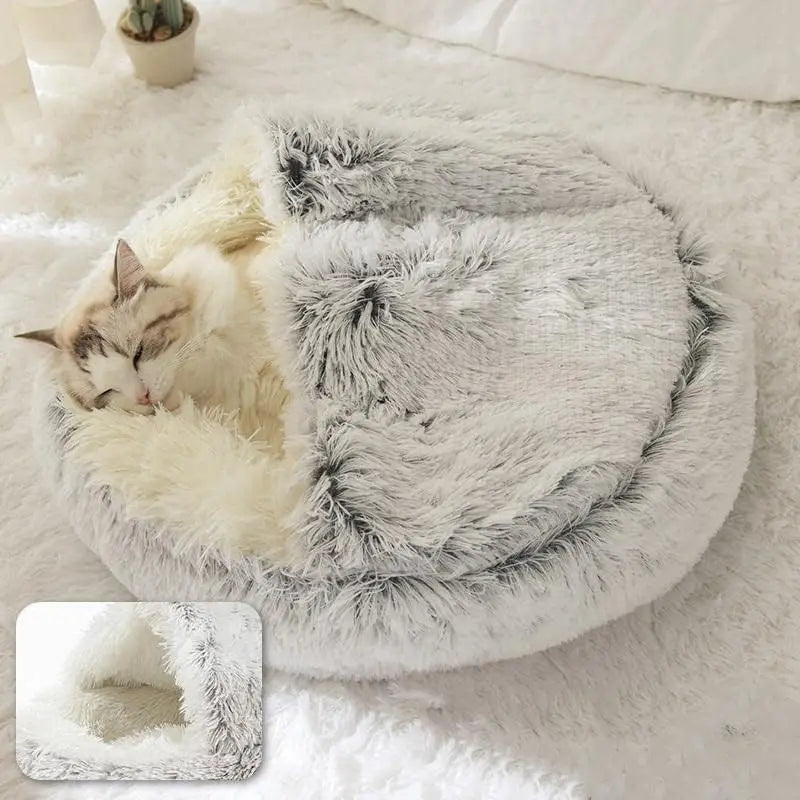 Soft Plush Pet Bed with Cover - Round Cat Bed & 2-in-1 Sleeping Nest
