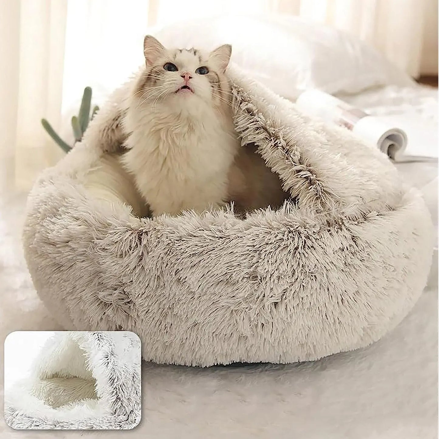 Soft Plush Pet Bed with Cover - Round Cat Bed & 2-in-1 Sleeping Nest