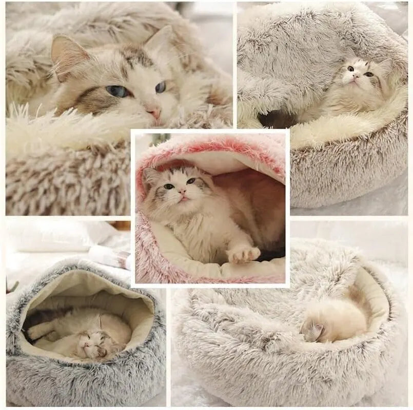 Soft Plush Pet Bed with Cover - Round Cat Bed & 2-in-1 Sleeping Nest