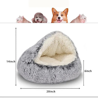 Soft Plush Pet Bed with Cover - Round Cat Bed & 2-in-1 Sleeping Nest