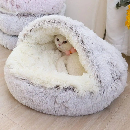 Soft Plush Pet Bed with Cover - Round Cat Bed & 2-in-1 Sleeping Nest